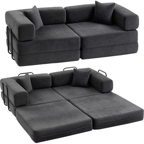 Zweisitzer-Schlafsofa, klappbar, mit Chenille bezogen und dick gepolstert, breite Armlehnen, 2 Kissen, dunkelgrau (1/5)