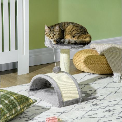 Tiragraffi per gatti con cuccia, pallina e piattaforma rialzata, 46 cm, grigio HAVRYA (1/4)
