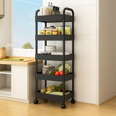 Desserte de cuisine à roulettes noire 5 niveaux H 139 cm L 41 cm P 28,5 cm – Plastique résistant – Roulettes multidirectionnelles avec blocage (1/4)