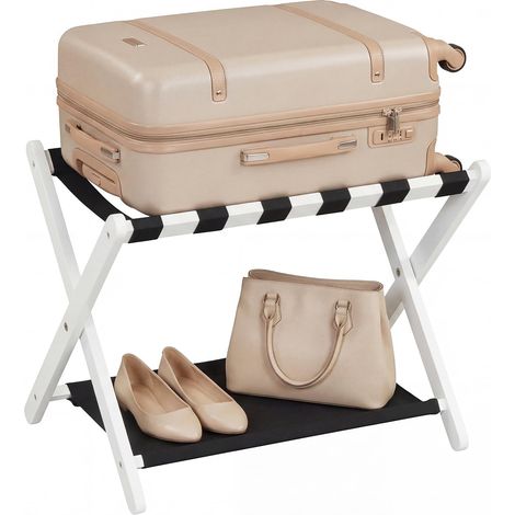 COSTWAY Porte-Valise Pliant en Bois, Porte-Bagages avec Sangles Résistantes, Étagère de Rangement, Support Valise 2 Niveaux, Compact Léger pour Chambre, Hôtel, 67 x 46 x 52 cm (Blanc) (1/5)