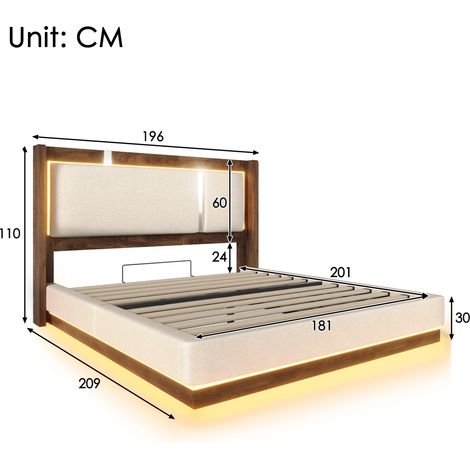 Lit double 180x200 cm, capitonné, avec sommier à lattes, éclairage LED et coffre de lit, mécanisme hydraulique, finition lin beige et noyer, sans matelas (1/4)