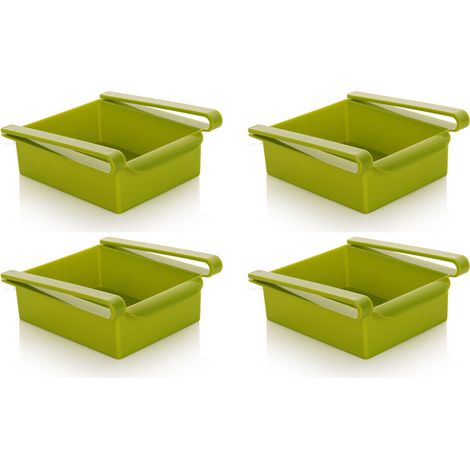Lot de 4 organisateurs de tiroir de réfrigérateur rétractables, boîtes de rangement avec compartiments coulissants au design unique, support de rangement pour étagère de réfrigérateur.