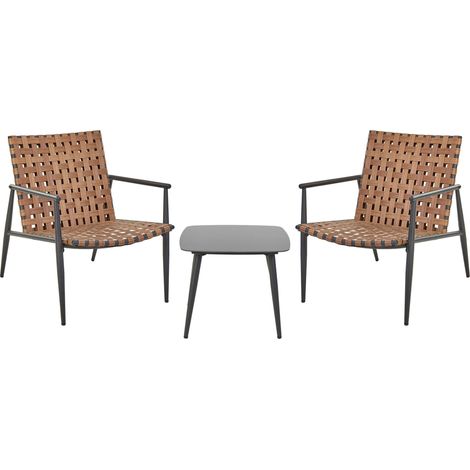 Set bistrot 2 posti in rattan PE 2 sedie Tavolino da caffè Telaio e gambe in acciaio nero Mobili da giardino marrone Ziria (1/5)