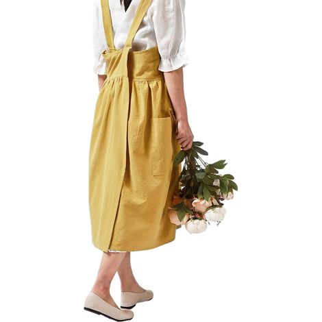 Women's cross apron in cotton and linen, with pockets, for cooking and housework, yellow, without belt.