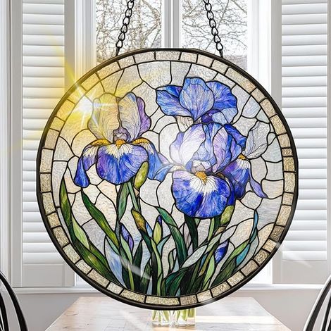 Fleurs Violette Attrape-Soleil Suspendu, Attrape-Soleil fenêtre Fleur, avec Chaîne Métal, Décorations Jardin Fenêtre Murales, 20x20cm-Rond (1/5)