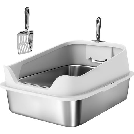 Offene Katzentoilette aus Edelstahl, grau, mit Schaufel, für große Katzen bis 7 kg (1/5)
