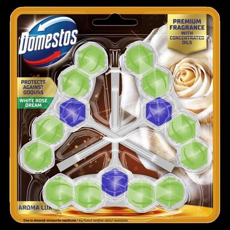 DOMESTOS Aroma Lux Toilettenblock mit weißer Rose und grünem Teebaumöl, 3 x 55 g