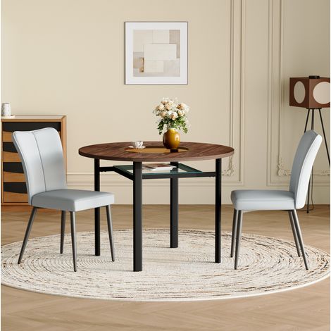 Conjunto de mesa redonda de 100 cm en MDF efecto madera con 2 sillas de PU gris claro, OKWISH (1/5)