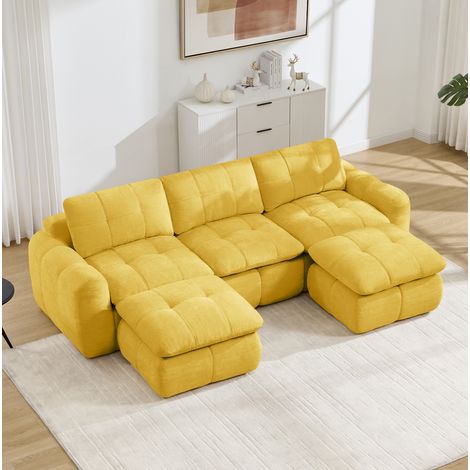 Divano modulare a U 264x160x68 cm, con 2 pouf, senza montaggio, combinazione flessibile, chenille gialla (1/5)