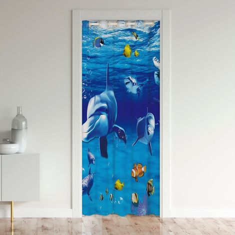 Dauphins Bleu Mer Rideau de Porte 86x203cm Marine Organismes Marins Rideau Occultant Rideaux Mer Animaux Décoration L'été Vacances Décoration Rideaux Exterieur d'entrée - 86L X 203H cm (1 Panneaux) (1/5)