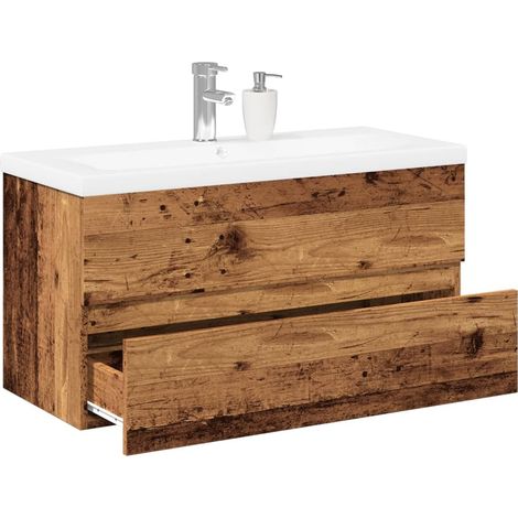 Waschbeckenunterschrank mit Einbaubecken Altholz-Optik