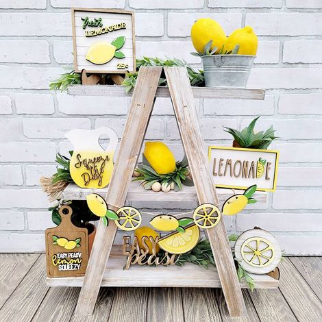 Plateau à étages décoratif citron, panneau en bois sur pied à thème citron, bannière citron style ferme, limonade fraîche, plateau à étages en bois décoratif (1/5)