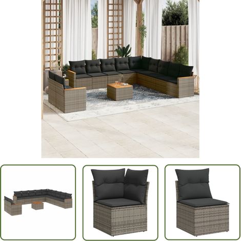 The Living Store Salon de jardin avec coussins 12 pcs gris résine tressée - Ensemble Salon De Jardin - Mobilier Extérieur - Jardin Design - Chaise Lounge - Set Salon (1/5)