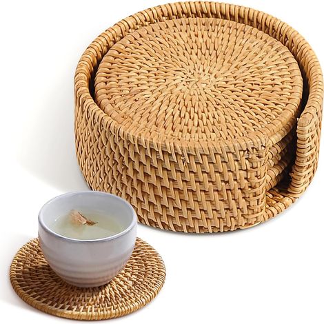 Set di sottobicchieri da tè, intrecciati con supporto, 6 pezzi, tovagliette rotonde in rattan da 7,6 cm, intrecciate a mano per decorare la tavola della cucina. (1/5)