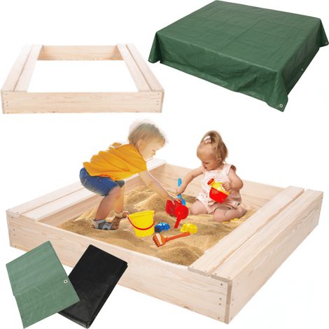 MODO24 Bac à sable en bois de jardin 120x117 cm, avec bancs, agrofibre incluse, avec bâche 2x2 m, naturel brut