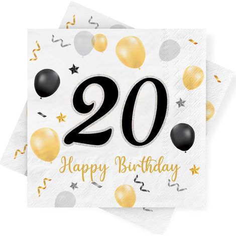 Serviettes 20e Anniversaire Or Noir - Paquet 30 Happy Birthday - Milestone 20 Décoration de Table pour Homme Femme (1/5)