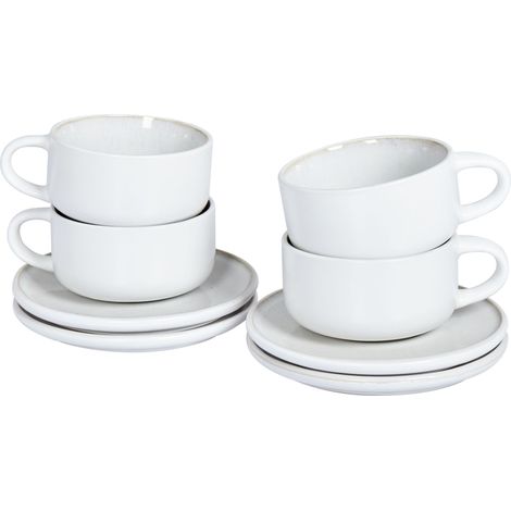 Tassen 4er Set mit Untertellern SESAME Steinzeug Cremeweiß