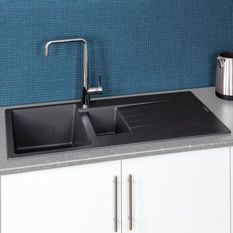 Reginox Harlem15 Kitchen Sink 1.5 Bowl Silver Black Granite Reversible Waste (1/4)