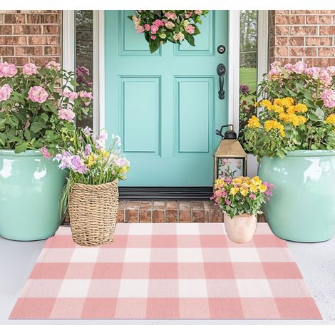 Felpudo lavable de algodón con estampado de cuadros rosas y blancos (61 x 89 cm), ideal para puertas de entrada, pasillos, comedores, dormitorios, salas de estar y otras habitaciones. (1/5)