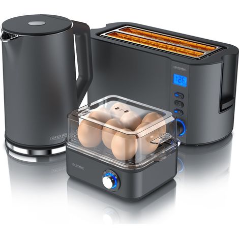 Arendo Frühstücks-Set 3-teilig, 4-Scheiben Langschlitztoaster, 8er Eierkocher, 1,5L Wasserkocher, Grau (1/5)