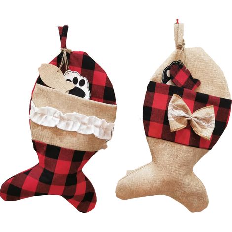 Calcetín navideño de gato, arpillera a cuadros, calcetines colgantes de peces para chimenea, decoración navideña para árbol