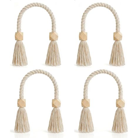 Lot de 4 avec Embrasse pour Rideaux Magnétique - Perles en Bois et Corde Coton, Embrasse Rideau Magnétique Décoratif, pour Tous Types de Rideaux (1/5)