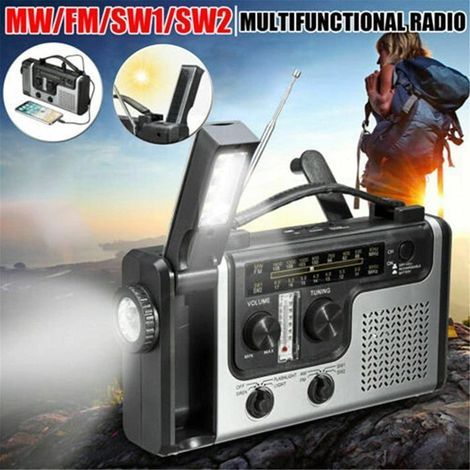Radio Solaire Portable, Main Manivelle Self Powered AM/FM/SW1/SW2 Radio, avec 4-LED Lampe de Poche et Chargeur de Téléphone (1/4)