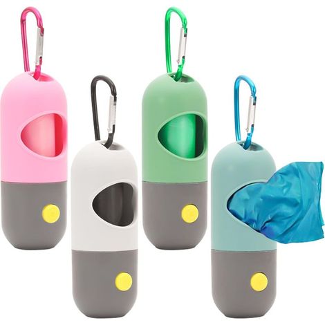 Juego de 4 dispensadores de bolsas para excrementos de perro, con linterna LED y mosquetón. Incluye dispensador y bolsas para excrementos.