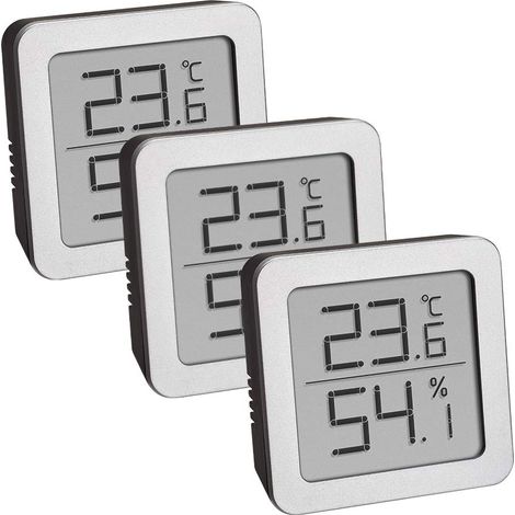 TFA Dostmann Set di 3 igrometro digitale ambientale, 95.2019.54, per misurazione dell'umidità e temperatura interna, con supporto magnetico, nero/argento (1/4)