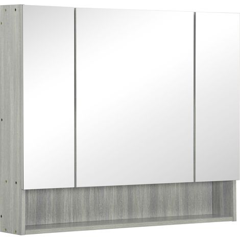 Mobiletto da bagno a parete con specchio, mobiletto a 3 ante con specchio, ripiani regolabili, 90x15x75 cm, grigio
