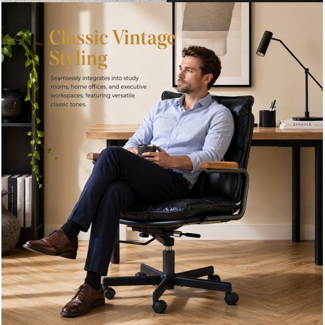 Fauteuil de bureau en cuir avec accoudoirs en chêne et roulettes silencieuses, siège ergonomique réglable en hauteur (1/5)