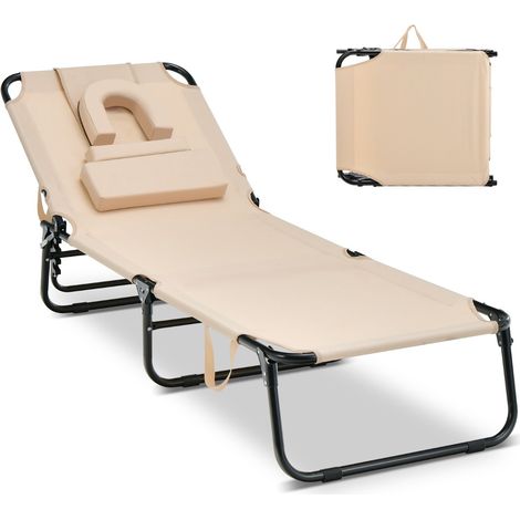 Sedia pieghevole con foro per il viso cuscini rimovibili schienale regolabile in 5 livelli, Sedia a sdraio Beige (1/4)