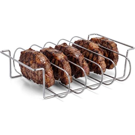 Rejilla para costillas de barbacoa, Rejilla para carne y costillas, Reversible, Rejilla para horno, Acero inoxidable, Con 6 ranuras, Plateado (1/5)