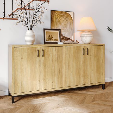160 cm Sideboard aus Holz im rustikalen Vintage-Stil mit 4 Türen, Metallgriffen und -beinen und verstellbaren Regale – Naturholzfarbe (1/5)