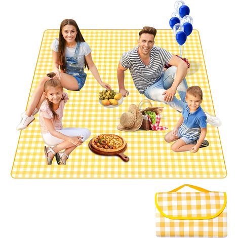 Picknickdecke, tragbare Picknickdecke, faltbar, gelb und weiß, 150 x 200 cm (1/3)