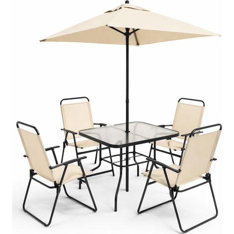 Set da Pranzo 6 Pezzi per Giardino Patio con Ombrellone 4 Sedie Pieghevoli Beige