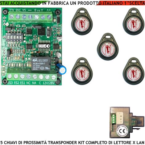 Kit Chiave Elettronica di Prossimità 5 Trasponder Lettore Modulo LAN Universale 501 RJ45 Alimentazione 12/24 Vac Relè Contatto C.NC.NA 2 A 24 V Funzione Impulsiva o Stabile Segnale di Stato 4 Led GRVB (1/4)