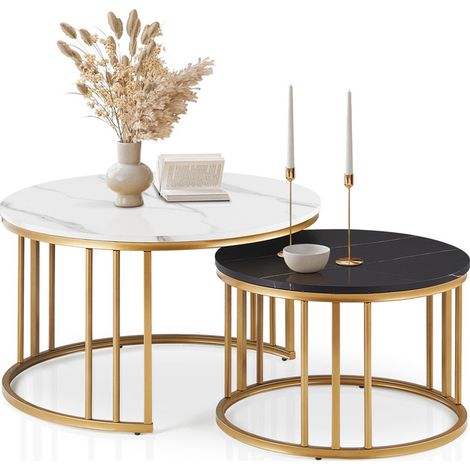 CLIPOP Table basse ronde lot de 2 à effet marbré, table d'appoint empilable avec cadre métallique doré, blanc noir (1/5)