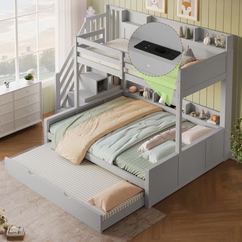 MODFU – Letto a castello 90x200 e 140x200 cm con letto estraibile in MDF e pino con USB, vani contenitore, mensole e 5 colli – Grigio (1/5)