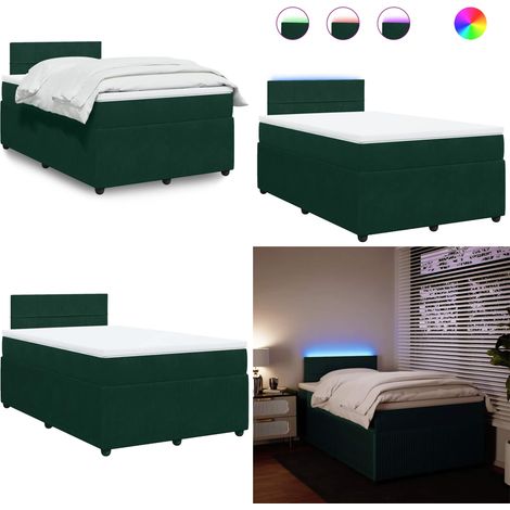 Cama box spring con colchón terciopelo verde oscuro 120x200 cm - Colchón de muelles ensacados - Cama con luz LED