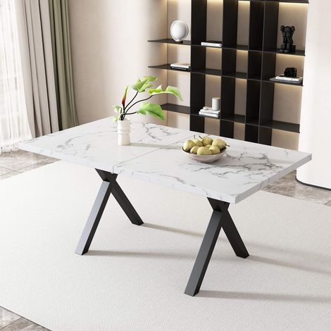 Table à manger rectangulaire 140x80 cm effet marbre blanc avec pieds croisés en métal, table de repas moderne style industriel pour cuisine salon (1/5)