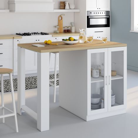Isla central LINO 120 cm para 2 personas en madera blanca con encimera efecto haya y puertas de cristal (1/5)