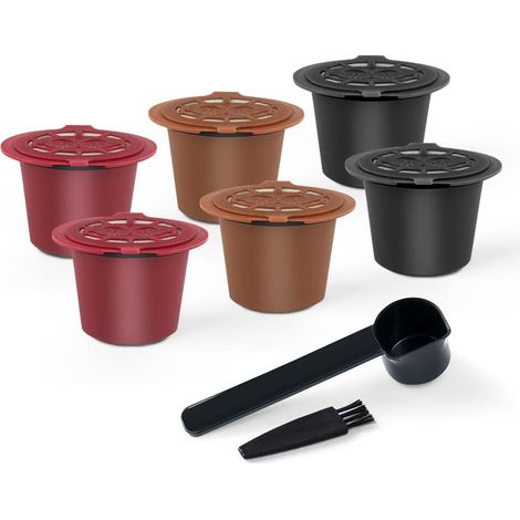 6 Capsules réutilisables compatibles Nespresso OriginalLine, Acier inoxydable 304 et Plastique PP, Noir Rouge Marron pour Machine à Café (1/5)