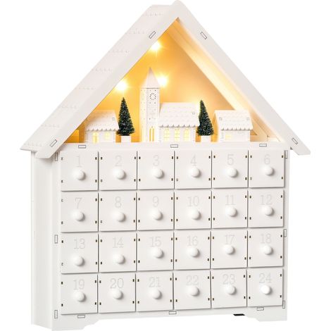 Calendario dell'Avvento in Legno da Riempire con 24 Cassetti e Villaggio di Natale con Alberi e Luci, 39x9x42cm