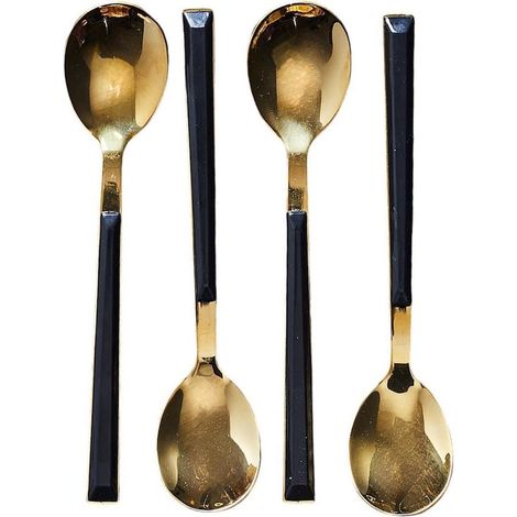 Set 4 cuillères à dessert inox doré manches noirs en plastique (1/4)