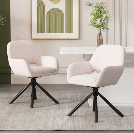 Set de 2 sillas de comedor giratorias en tela sherpa blanca, con reposabrazos, estilo moderno y estructura de metal, ideales para salón o comedor  CHICFURN (1/5)