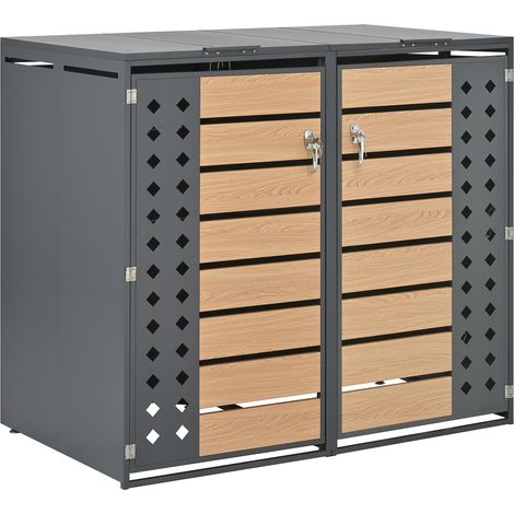 Cache-poubelles avec couvercle basculant, compartiments de rangement pour déchets, verrouillable, deux portes, panneau de porte ajouré en forme de losange