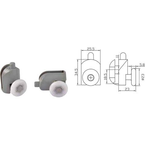 Coppia Cuscinetti Singola Ruota Attacco Inferiore Box Doccia – Nylon Grigio Ø23 mm – Foro Vetro 12 mm