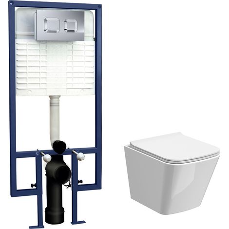 Hilderstone Contemporary Square Wall Hung Toilet Pan and Seat with Concealed Cistern and Flush Plate with Square Buttons - White/Chrome