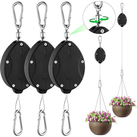 Lot de 3 poulies à suspendre pour plantes rétractables et robustes - Roue réglable en hauteur - Pour paniers de jardin, pots et mangeoires à oiseaux (1/5)